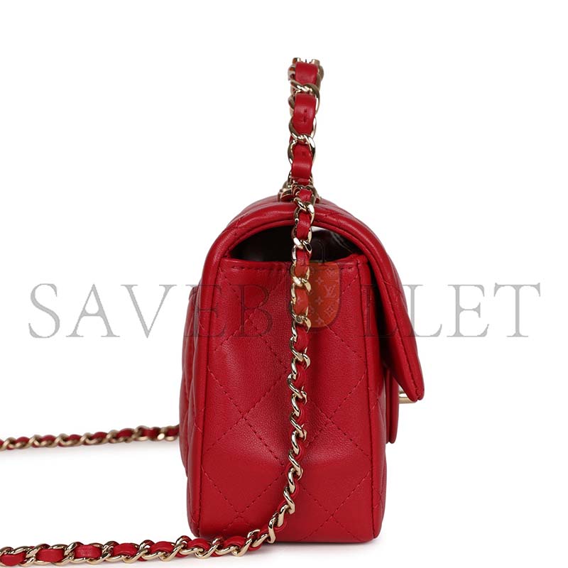 CHANEL MINI RECTANGULAR FLAP WITH TOP HANDLE RED LAMBSKIN LIGHT GOLD HARDWARE (20*12*6cm)